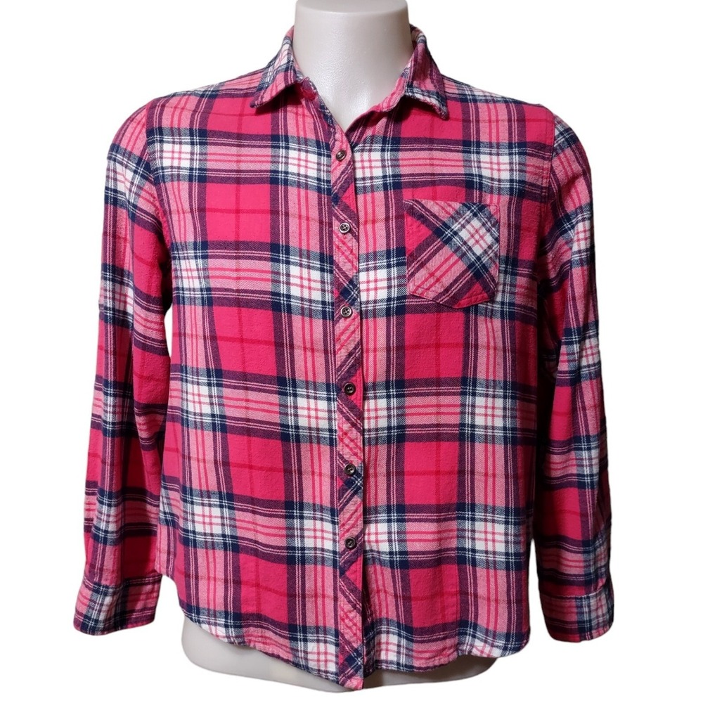 Old Mill Shirt Women's Size XL Flannel Button Up Pink Plaid Long Roll Up Sleeves
